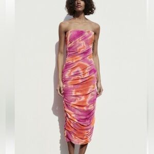 Zara Strapless Dress in Vibrant Pink and Orange size M